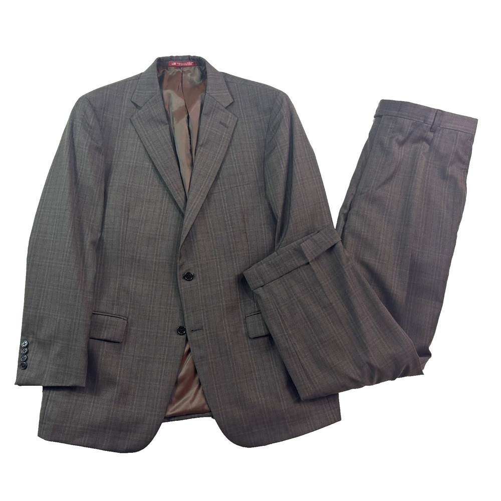 Hart Schaffner Marx 42R 36x29 2pc Pant Suit Brown Plaid Recent‎ Modern Wool USA